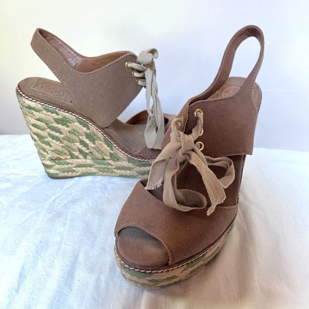 Tory Burch Platform Wedge Sandals Camo Espadrille Tan Green Size 8 Linley